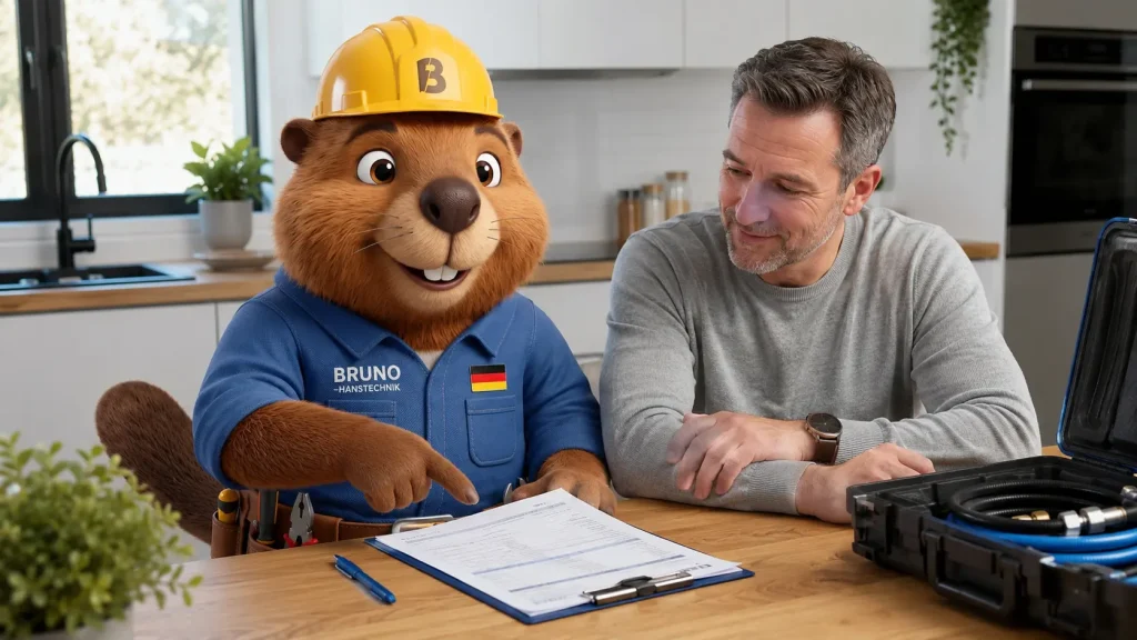 Bruno bespricht mit einem Kunden die Rechnung und den Arbeitsbericht einer Rohrreinigung.