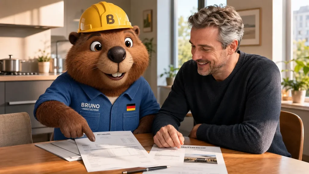 Bruno bespricht mit einem Kunden die Rechnung und den Arbeitsbericht einer Rohrreinigung.