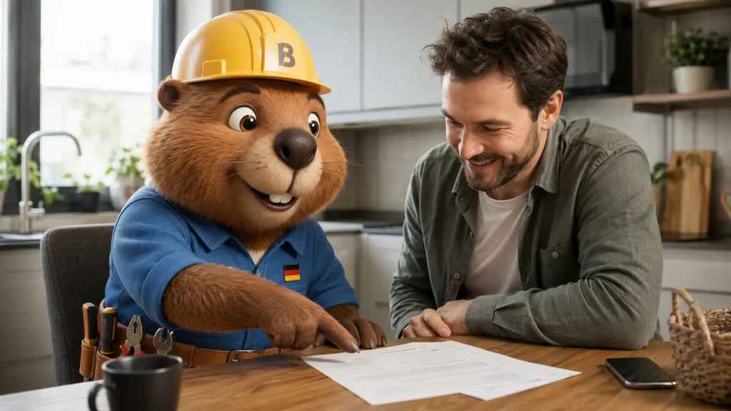 Bruno bespricht mit einem Kunden die Rechnung einer Rohrreinigung am Küchentisch.