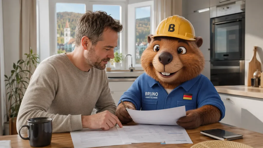 Bruno bespricht mit einem Kunden die Rechnung und den Arbeitsbericht einer Rohrreinigung.