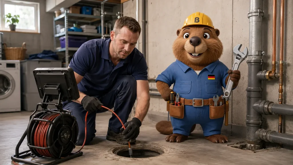 Bruno und ein Rohrreiniger prüfen mit einer Kamera eine Abwasserleitung im Keller.