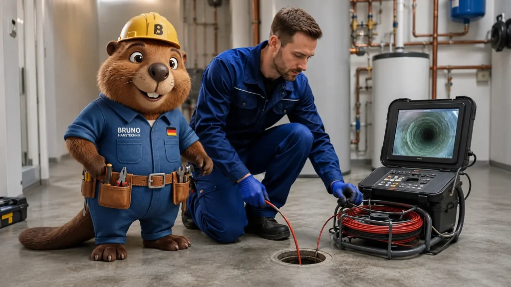 Bruno und ein Rohrreiniger prüfen mit einer Kamera eine Abwasserleitung im Keller.