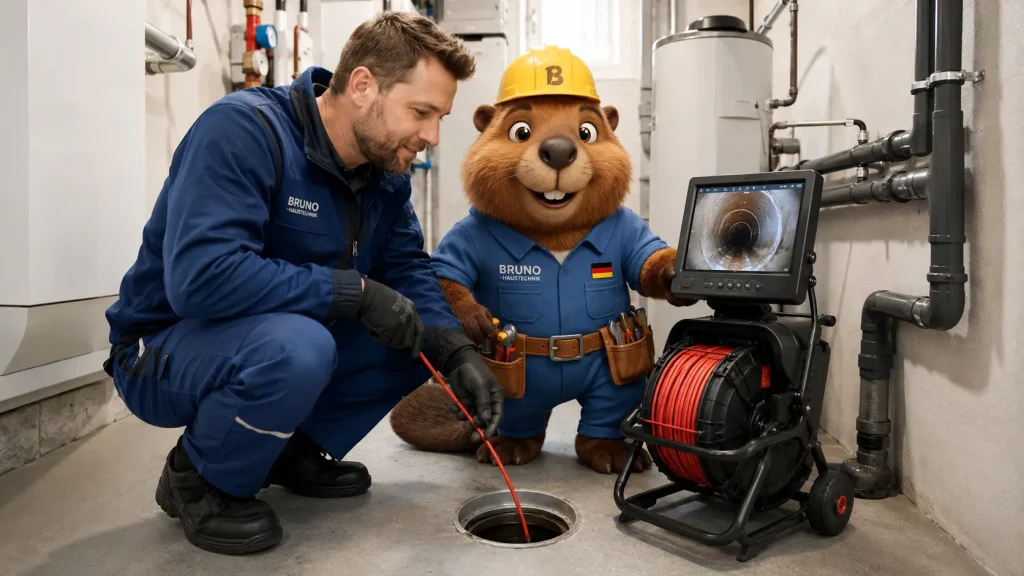 Bruno und ein Rohrreiniger prüfen mit einer Kamera eine Abwasserleitung im Keller.