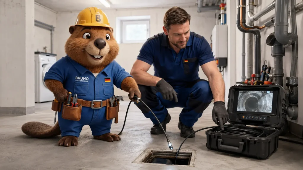 Bruno und ein Rohrreiniger prüfen mit einer Kamera eine Abwasserleitung im Keller.