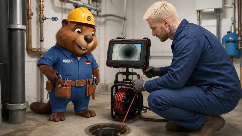 Bruno und ein Rohrreiniger prüfen mit einer Kamera eine Abwasserleitung im Keller.