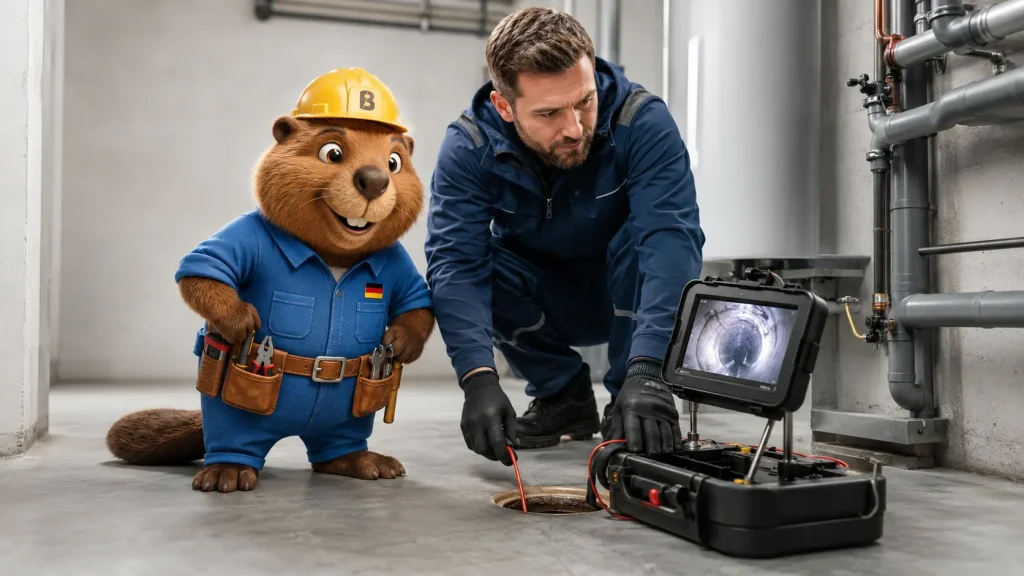 Bruno und ein Rohrreiniger prüfen mit einer Kamera eine Abwasserleitung im Keller.