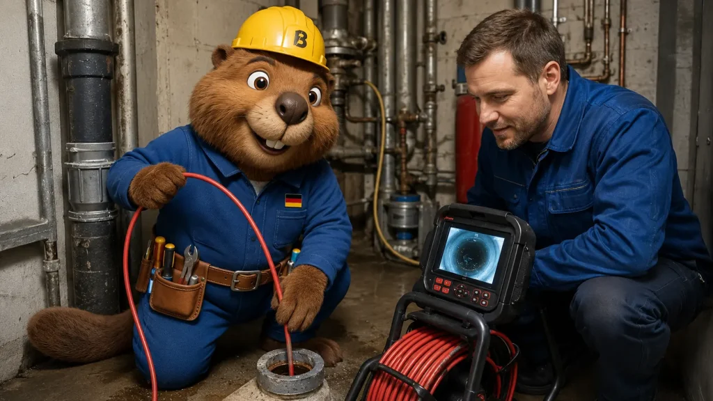 Bruno und ein Rohrreiniger prüfen mit einer Kamera eine Abwasserleitung im Keller.