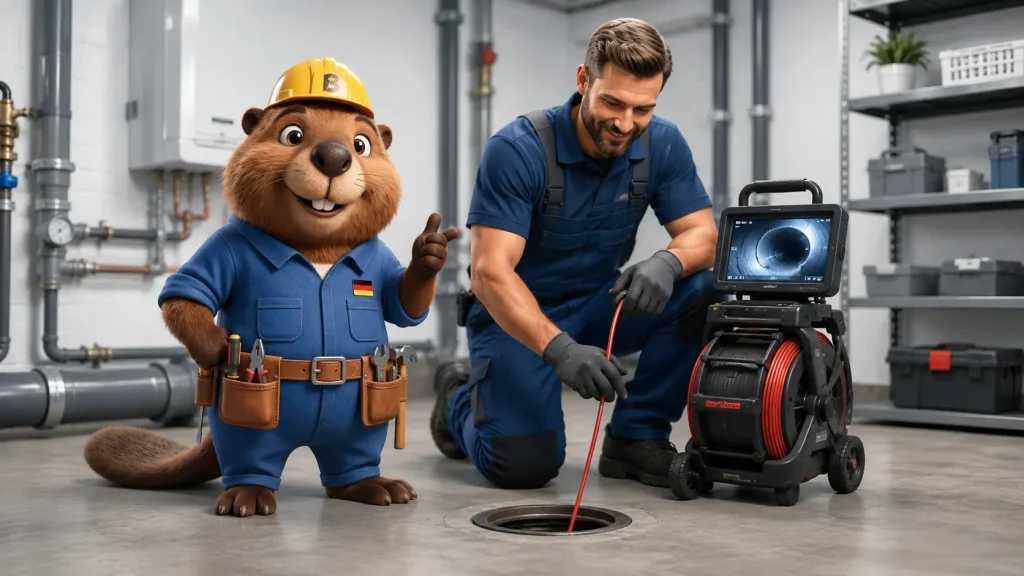 Bruno der Biber und ein Techniker untersuchen mit einer Rohrkamera eine Leitung in Künzelsau