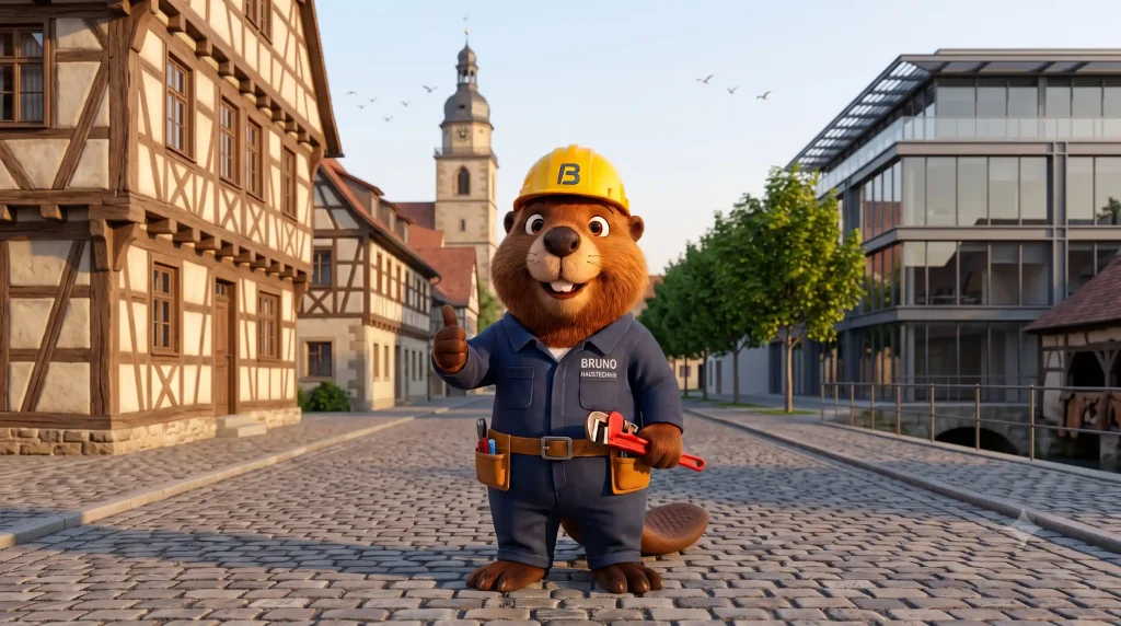 Bruno der Biber mit Rohrzange zwischen historischer Gerberstadt und modernem Backnang
