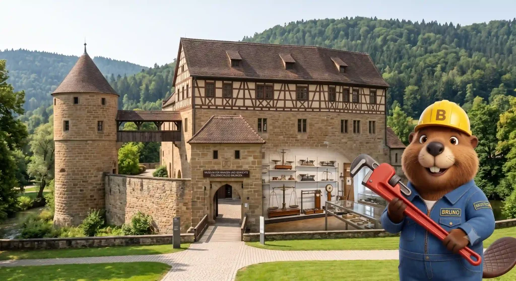 Bruno der Biber mit Rohrzange vor dem Zollernschloss und Waagenmuseum in Balingen