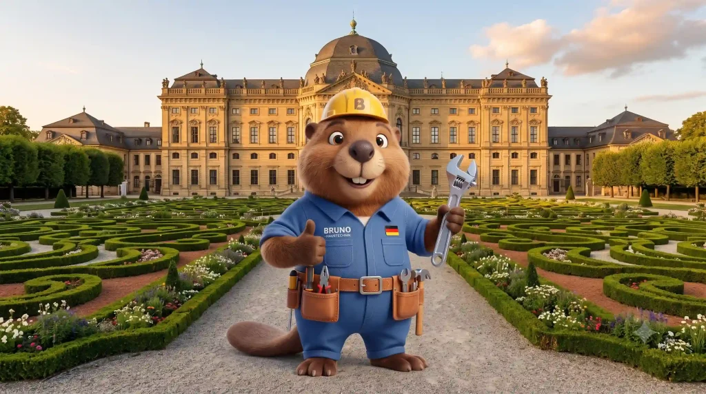 Bruno der Biber mit Rohrzange vor dem Barockschloss in Bruchsal