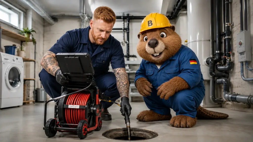 Bruno und ein Rohrreiniger bei einer Kamerainspektion im sauberen Keller eines Hauses in Calw.