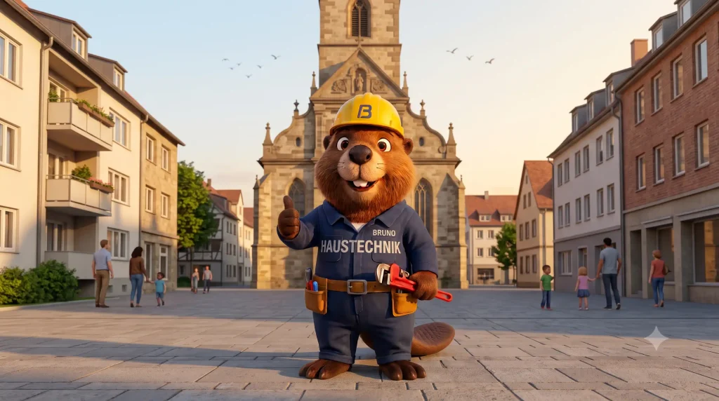 Bruno der Biber mit Rohrzange vor der Johanneskirche in Crailsheim