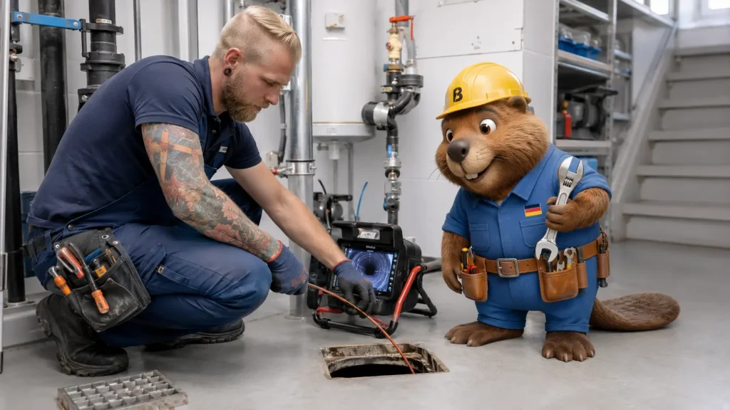 Bruno und ein blonder Rohrreiniger mit farbiger Tätowierung bei einer Kamerainspektion in Ditzingen.