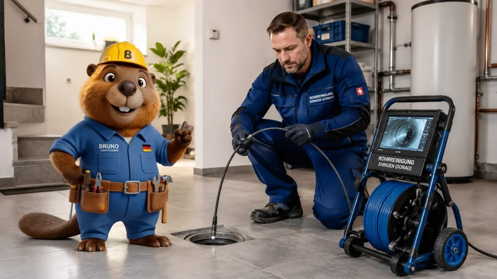 Bruno und ein Rohrreiniger bei einer Kamerainspektion an einem Bodenablauf im sauberen Keller in Ehingen.