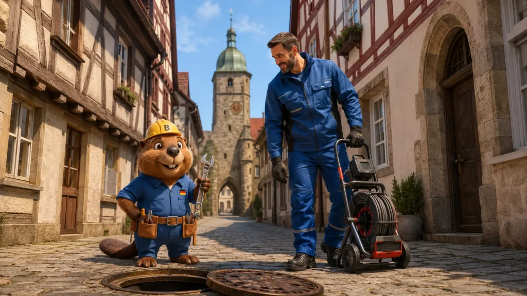 Bruno der Biber und ein Rohrreiniger in einer Fachwerkgasse in Eppingen vor dem Pfeifferturm