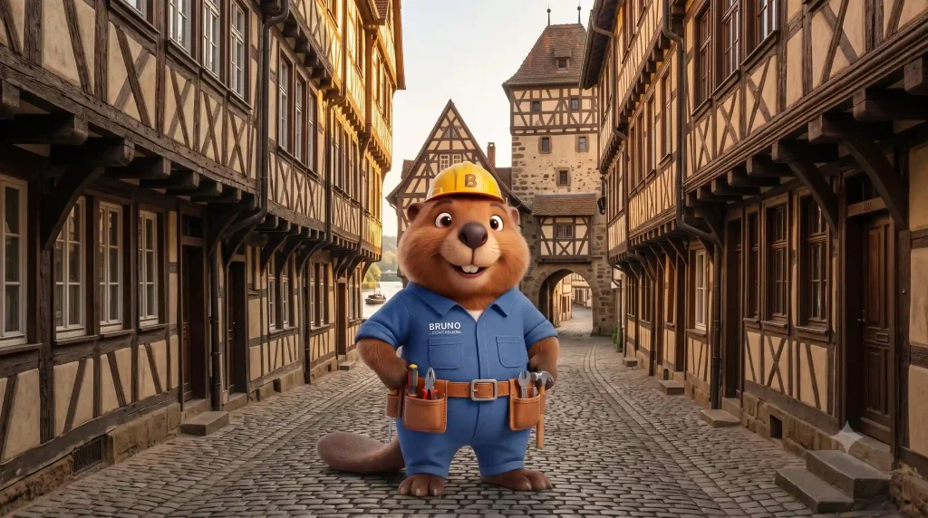 Bruno der Biber mit Rohrzange in der mittelalterlichen Altstadt von Esslingen am Neckar