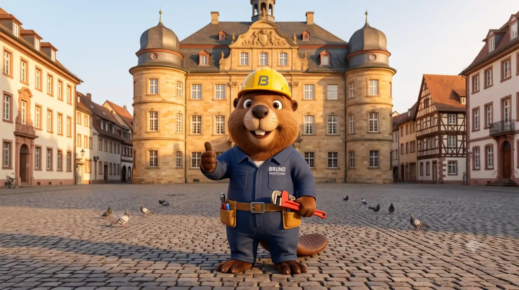 Bruno der Biber mit Rohrzange auf dem Marktplatz vor dem Barockschloss Ettlingen