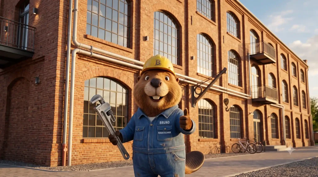 Bruno der Biber mit Rohrzange vor einem umgebauten Fabrikgebäude in Göppingen