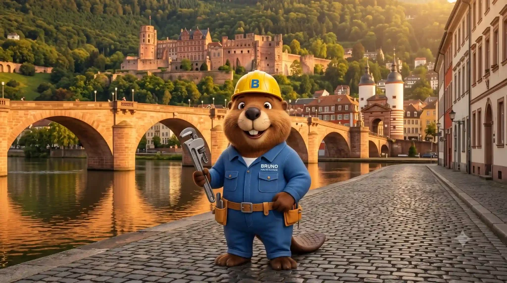 Bruno der Biber mit Rohrzange vor der Heidelberger Alten Brücke am Neckar