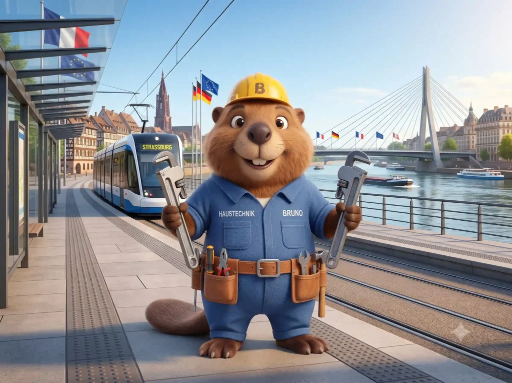 Bruno der Biber mit Rohrzange an der Tramhaltestelle in Kehl am Rhein
