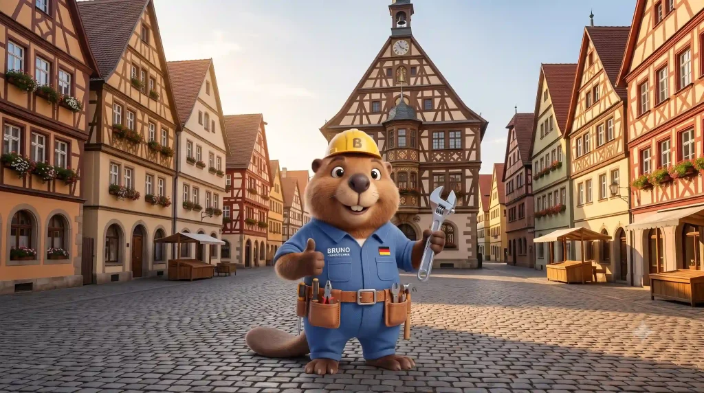 Bruno der Biber mit Rohrzange auf dem Marktplatz der Fachwerk-Altstadt in Kirchheim unter Teck