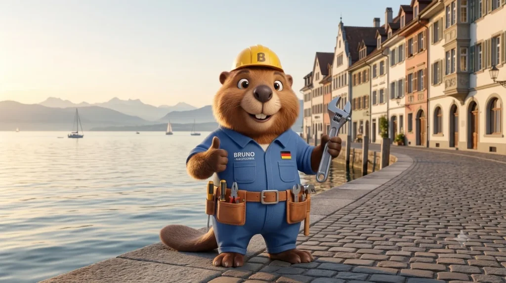 Bruno der Biber mit Rohrzange am Bodensee-Ufer in Konstanz
