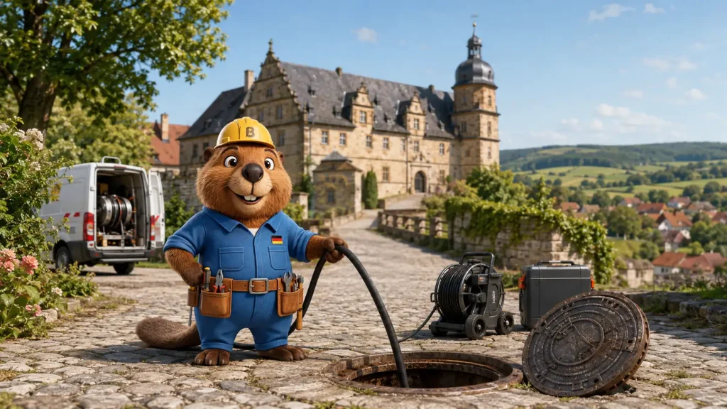 Bruno der Biber bei einer Rohrreinigung vor Schloss Gochsheim in Kraichtal