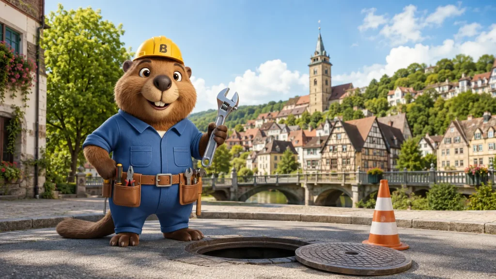 Bruno der Biber an einem geöffneten Kanaldeckel vor der Altstadt von Künzelsau