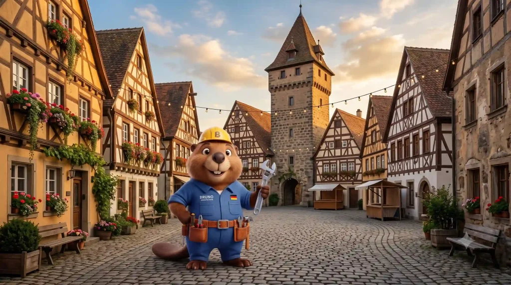 Bruno der Biber mit Rohrzange auf dem Marktplatz in der Leonberger Fachwerk-Altstadt