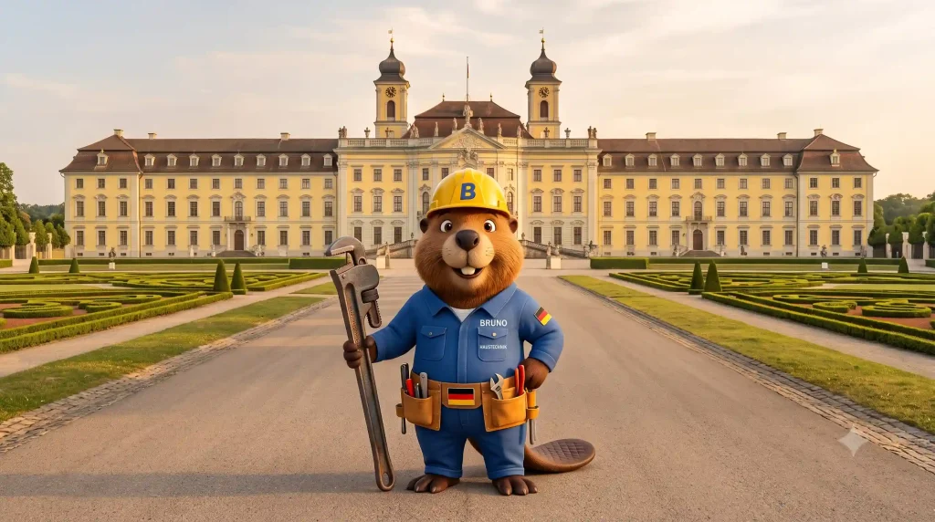 Bruno der Biber mit Rohrzange vor dem Ludwigsburger Residenzschloss