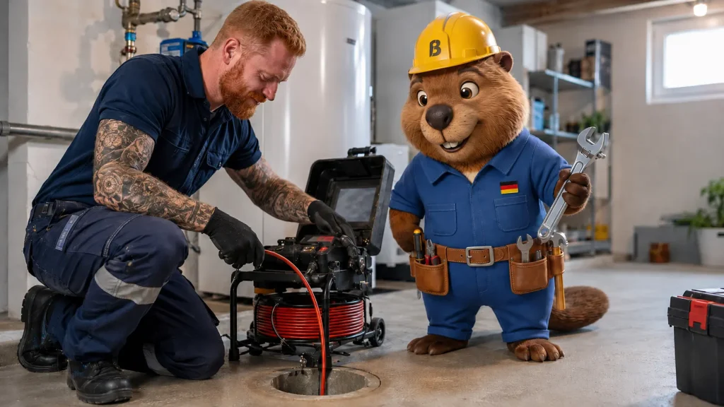 Bruno und ein Rohrreiniger bei einem Kameraeinsatz im sauberen Keller eines Hauses in Metzingen.