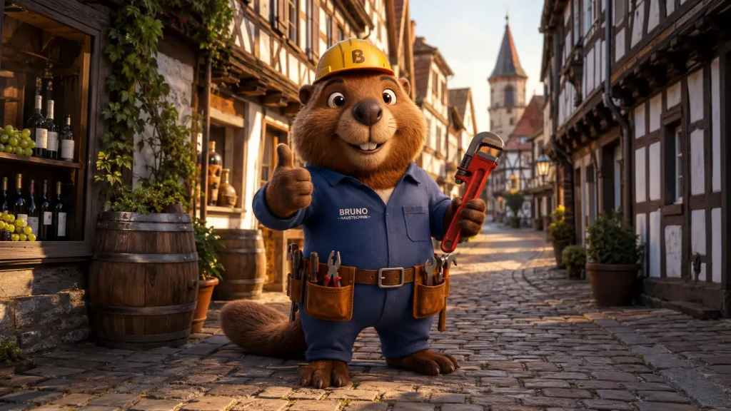 Bruno der Biber mit Rohrzange in der Altstadt von Offenburg