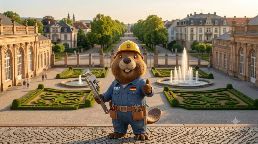 Bruno der Biber mit Rohrzange auf dem barocken Schlossplatz Rastatt