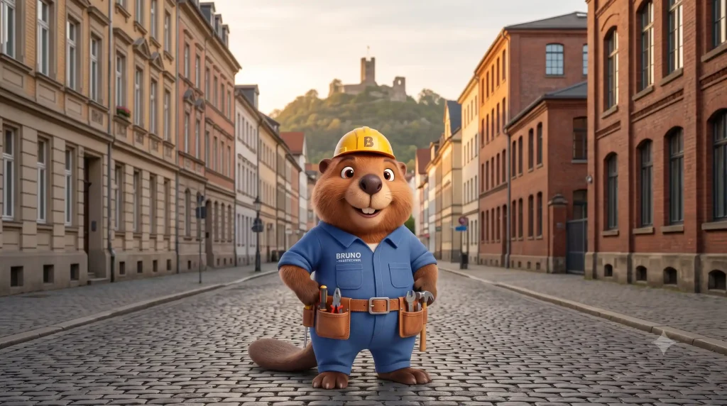Bruno der Biber mit Rohrzange vor der Achalm in Reutlingen