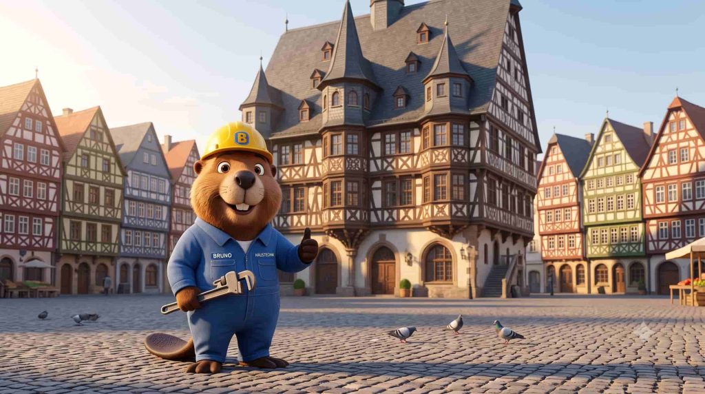 Bruno der Biber mit Rohrzange auf dem barocken Marktplatz in Schorndorf