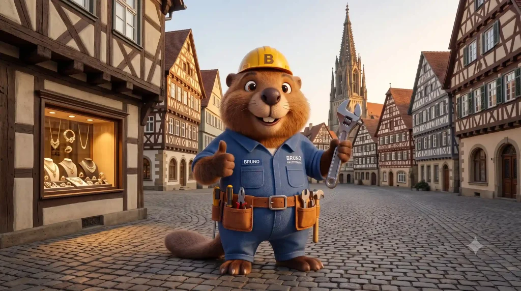 Bruno der Biber mit Rohrzange in der Altstadt von Schwäbisch Gmünd
