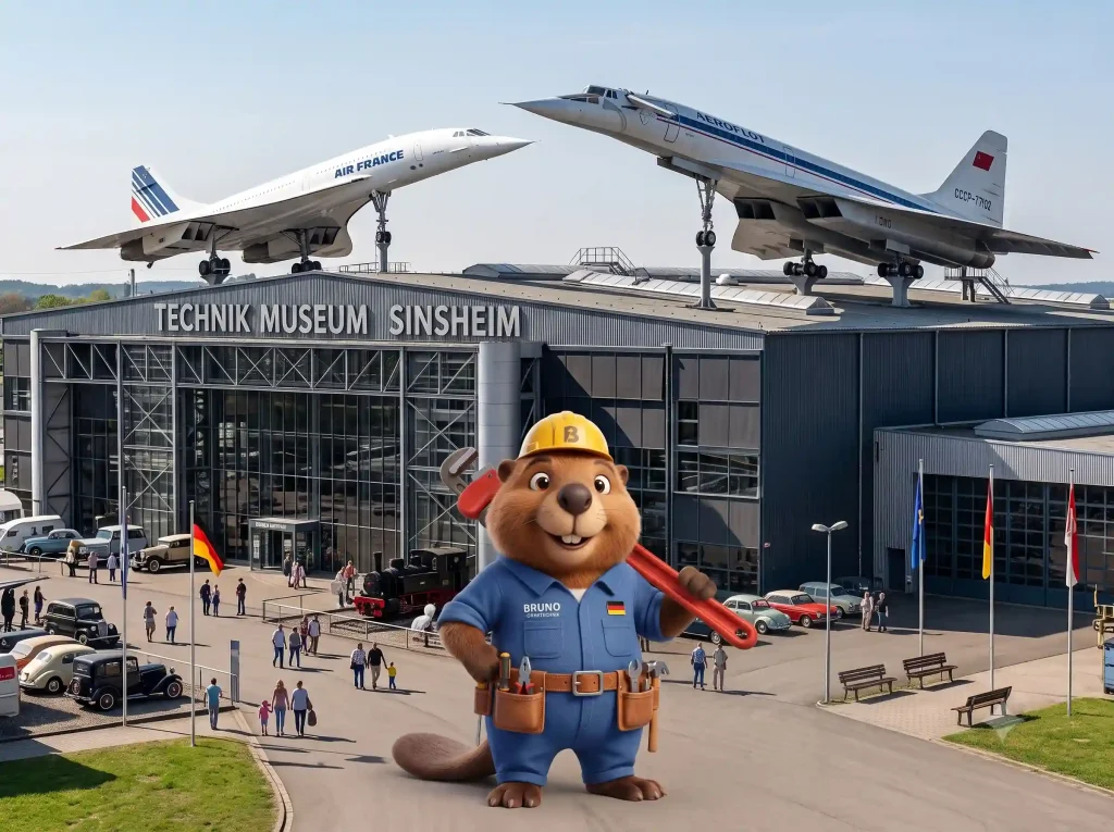 Bruno der Biber mit Rohrzange vor dem Technik Museum Sinsheim