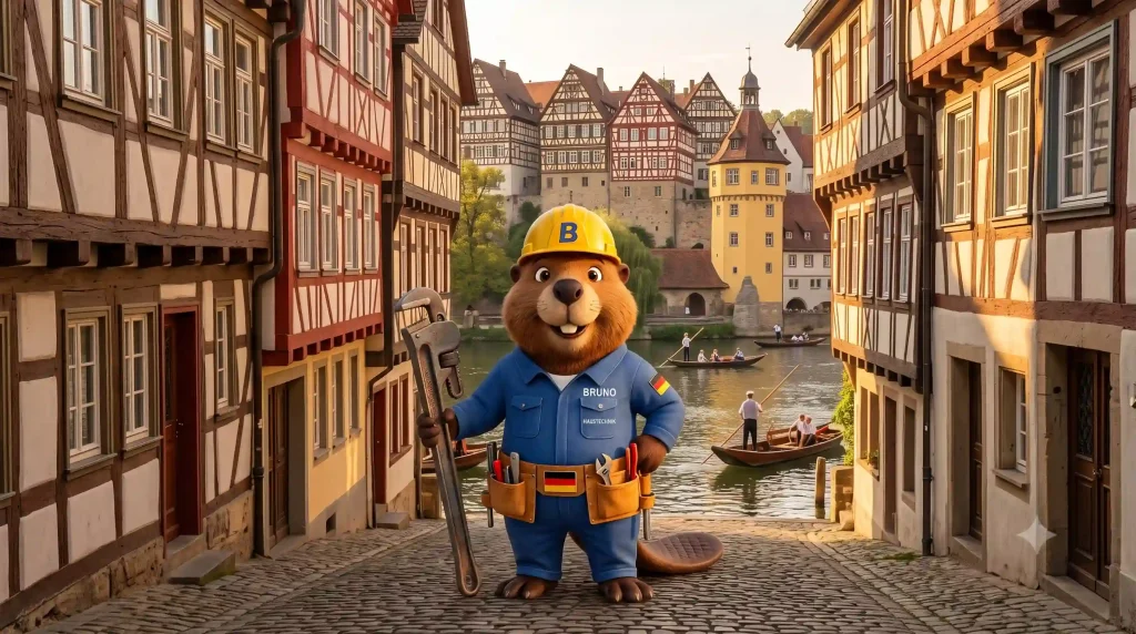 Bruno der Biber mit Rohrzange am Neckarufer in Tübingen mit Hölderlinturm