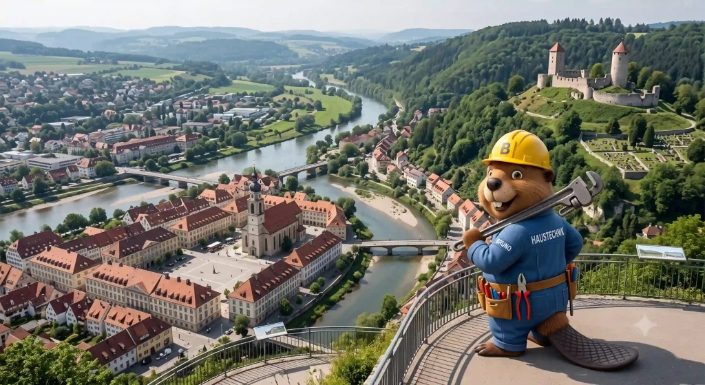 Bruno der Biber mit Rohrzange vor der Burg Honberg und der Donau in Tuttlingen