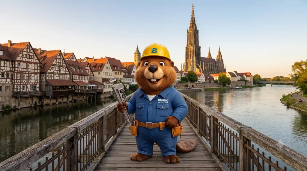 Bruno der Biber mit Rohrzange auf einer Donaubrücke vor dem Ulmer Münster