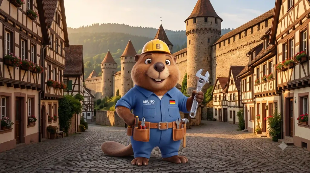 Bruno der Biber mit Rohrzange vor der mittelalterlichen Stadtmauer in Villingen