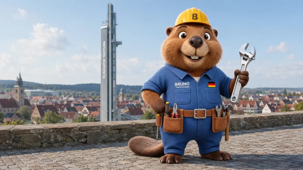 Bruno der Biber mit Rohrzange vor dem TK Elevator Testturm und der Altstadt von Rottweil.