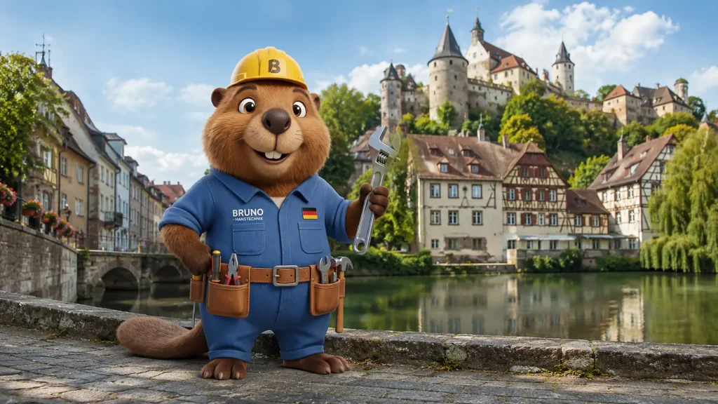 Bruno mit Rohrzange vor Schloss Kaltenstein in Vaihingen an der Enz.