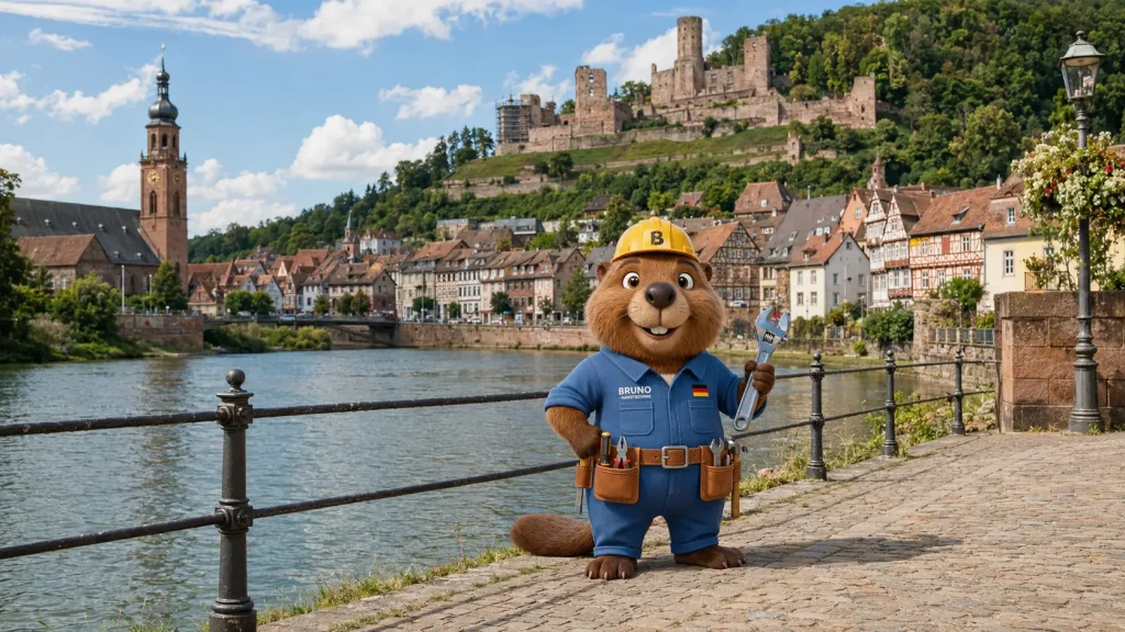 Bruno vor Burg Wertheim und Altstadt am Main als Symbolbild für Rohrreinigung in Wertheim.