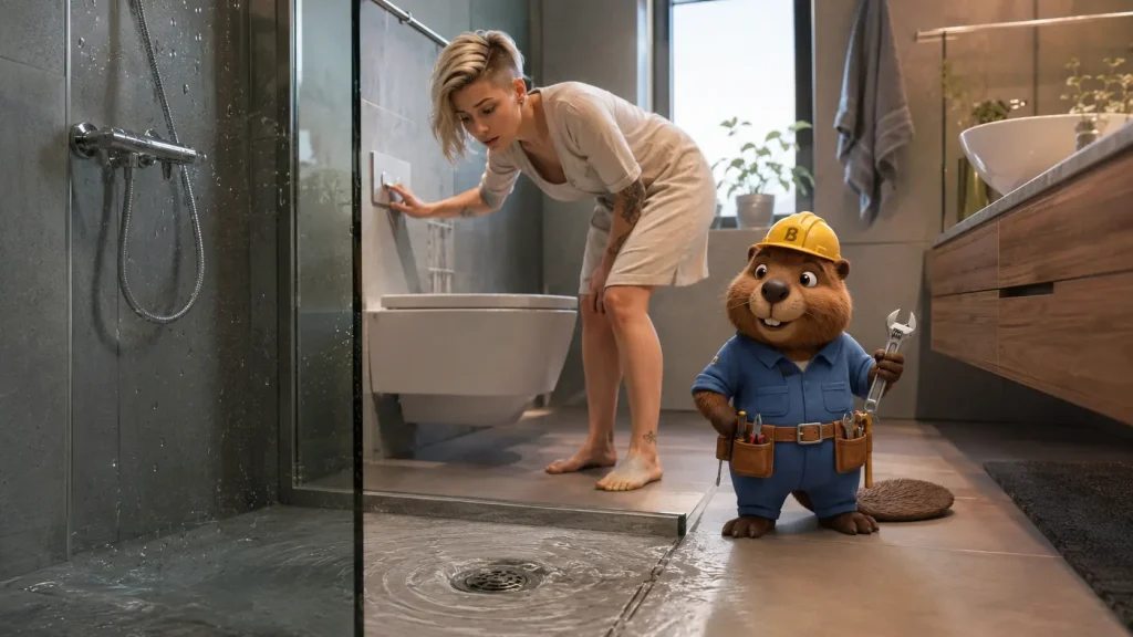 Eine Frau beobachtet den Duschablauf, während die Dusche beim Spülen der Toilette gluckert.