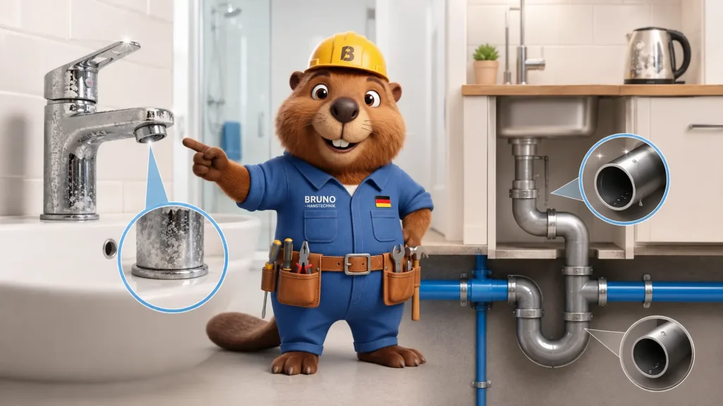 Bruno zeigt einen verkalkten Wasserhahn und ein freies Abflussrohr, um den Unterschied zwischen Kalk und Verstopfung zu erklären.