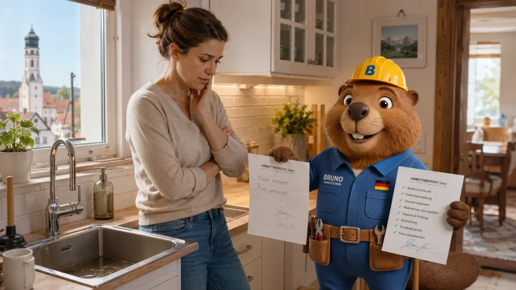 Bewohnerin und Bruno vergleichen zwei Arbeitsberichte nach einer wiederkehrenden Rohrverstopfung in Leutkirch.