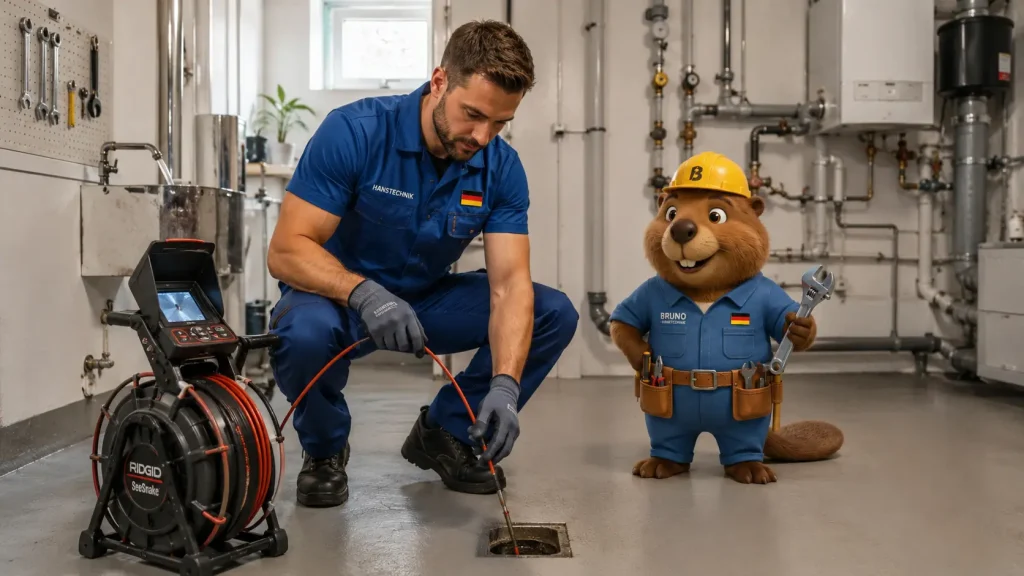 Techniker mit Rohrkamera und Bruno in einem sauberen Keller bei einer Rohrprüfung in Wertheim.