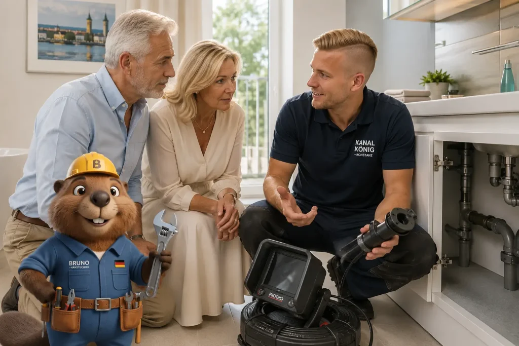 Blonder Rohrreiniger erklärt einem älteren Paar die Kamerainspektion, Bruno begleitet den Termin in Konstanz.